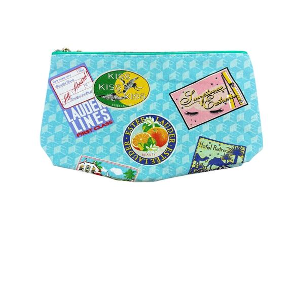 Estée Lauder Cosmetic Makeup Bag Blue with Various Sticker like Designs - Picture 5 of 7